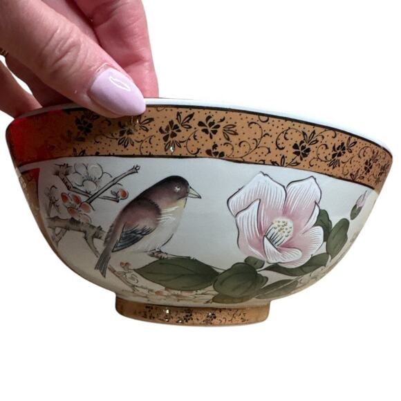 Vntg Ivory Gold Yamaji Japanese Porcelain Bowl Bird & Magnolia Motif 8" W x 3.5" - Picture 1 of 6